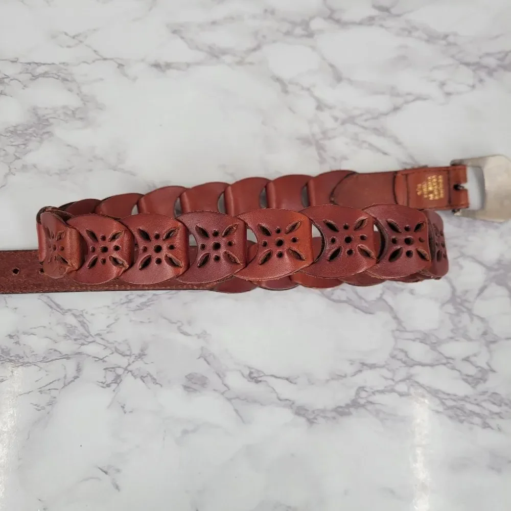 Brown Leather Interlock Tab Belt with Silver Toned Aztec Buckle
